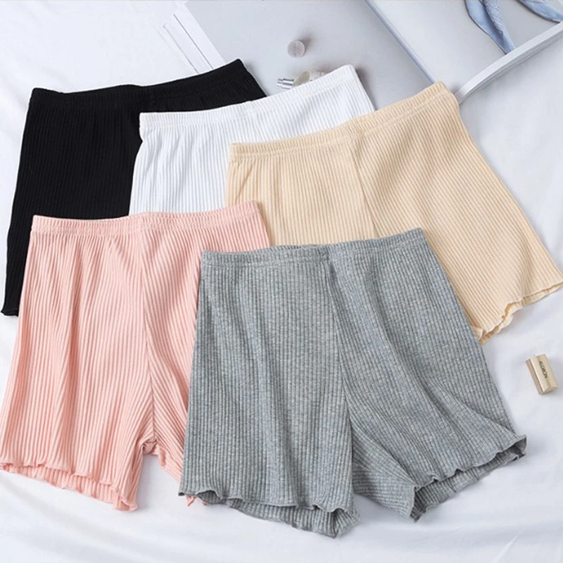 

Women Summer Safety Pants Thread Ribbed Striped Seamless Stretchy Underpants Ruffled Cotton Three-point Pants Leggings