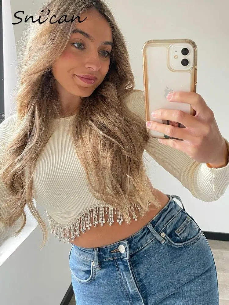 

Solid Beige Sequined Sweater Autumn Spring Fashion Ladies Crop Tops Outwear Vintage Knitted Pullover Mujer Designer Chandails