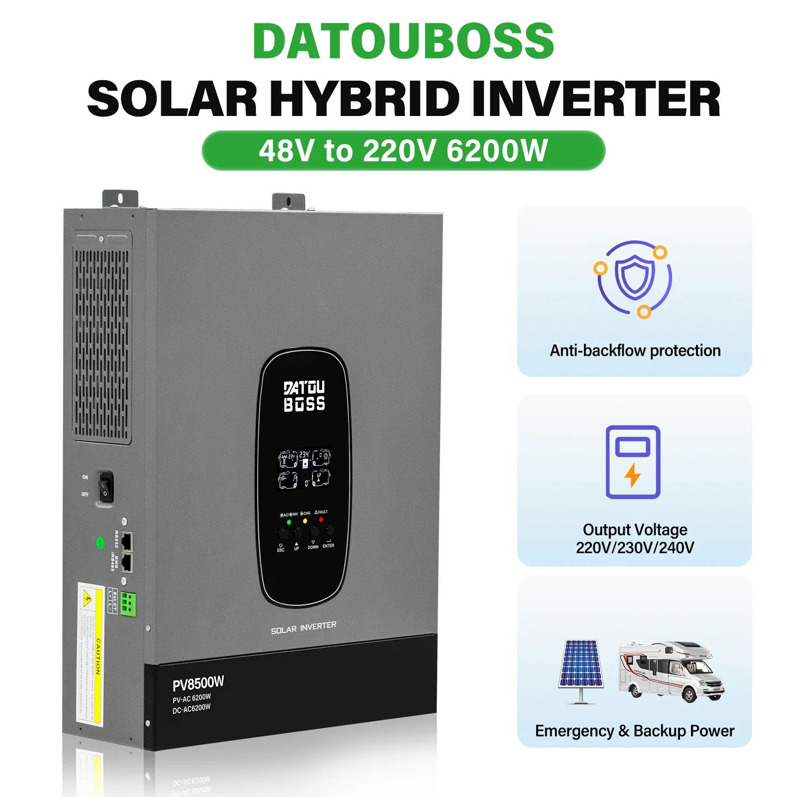 DATOUBOSS 1.8kW-12V, 3kW-24V, 6200W-48V Solar Hybrid Inverter, 12V/24V/48V to 220V Pure Sine Wave, for Home Emergency Power Supply, Supports Parallel Connection