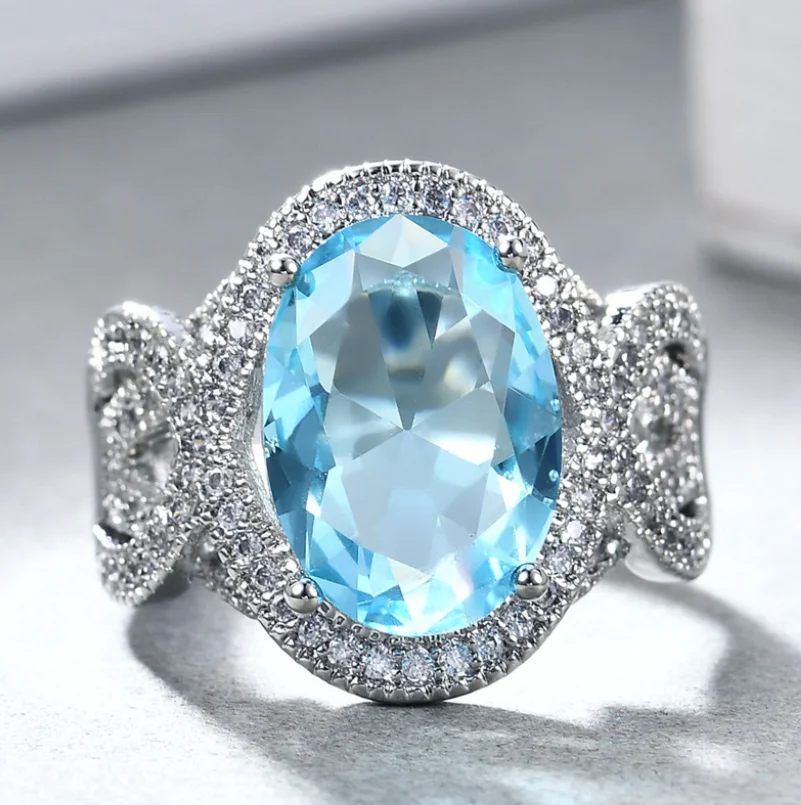 

ANGLANG Luxury Women Round Shape Engagement Rings AAA Blue Cubic Zirconia Proposal Rings for Girlfriend Fine Anniversary Gift