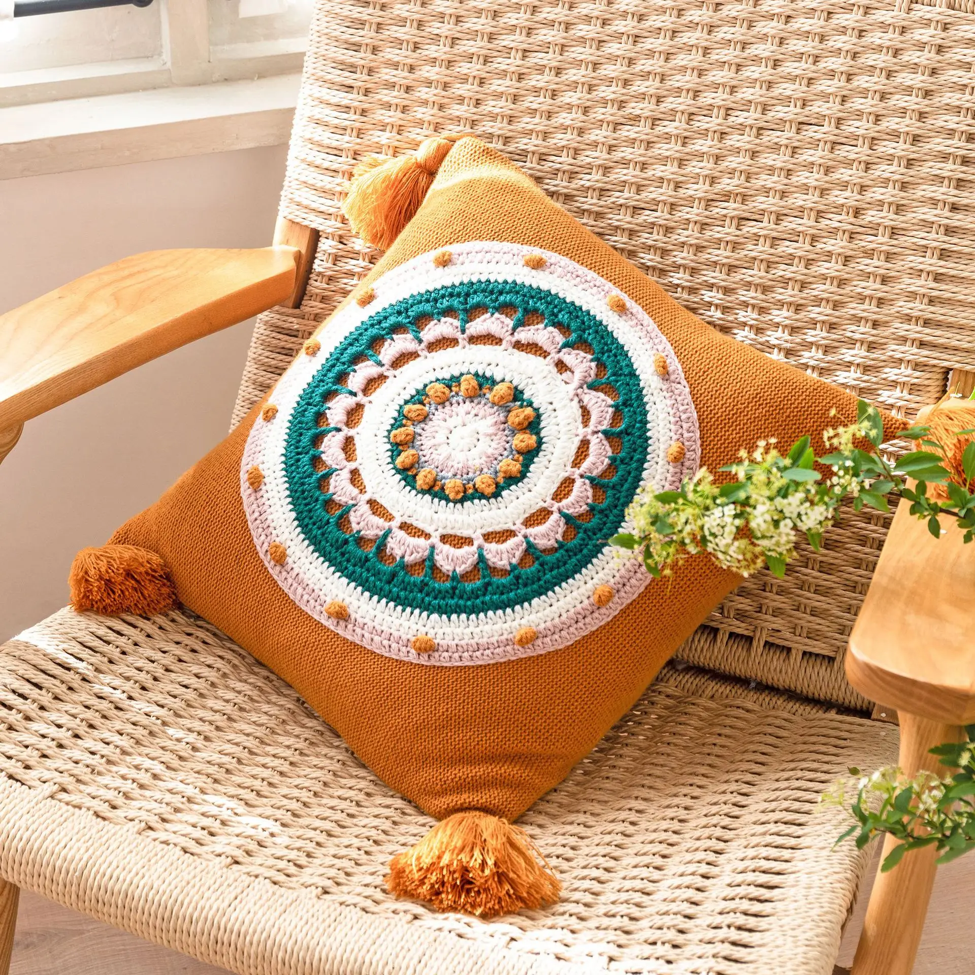 Floral Cuhion Cover Bohemian Floral Woolen Embroidery Pillowcase Tassels Knit Home Living Room Sofa Decoration Pillow Case