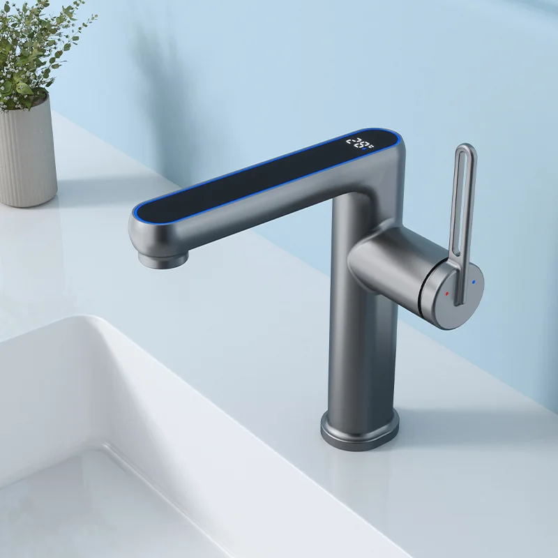 Смеситель для раковины с цифровым дисплеем медный кран серого цвета верхний и