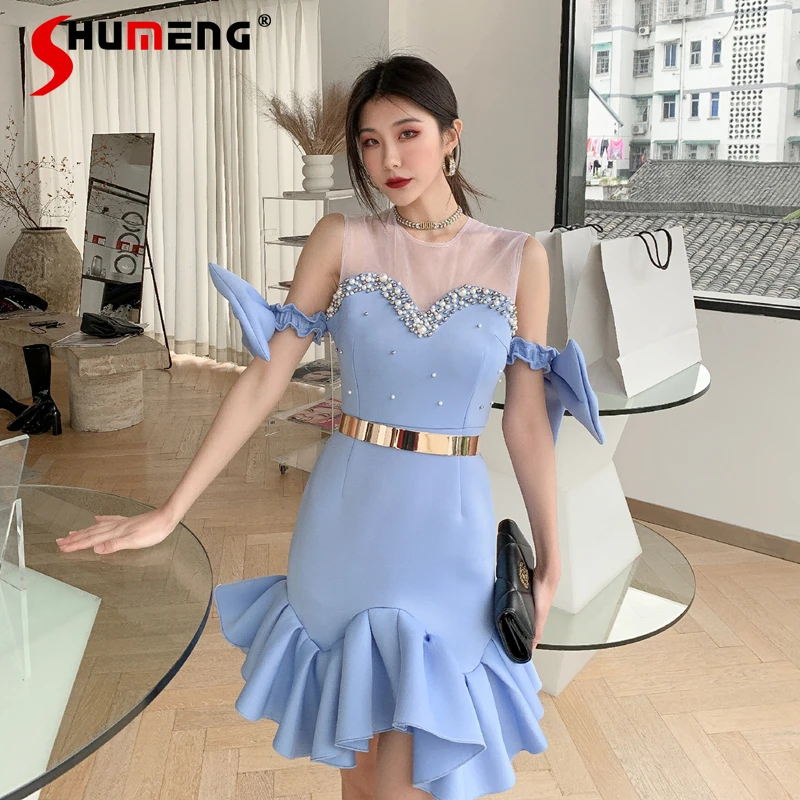 

Sleeveless 3D Bow Dress for Women 2022 Semmer New Female Slimming Waist Dresses Bright Shiny Pearl Ruffled Mid-length Dress