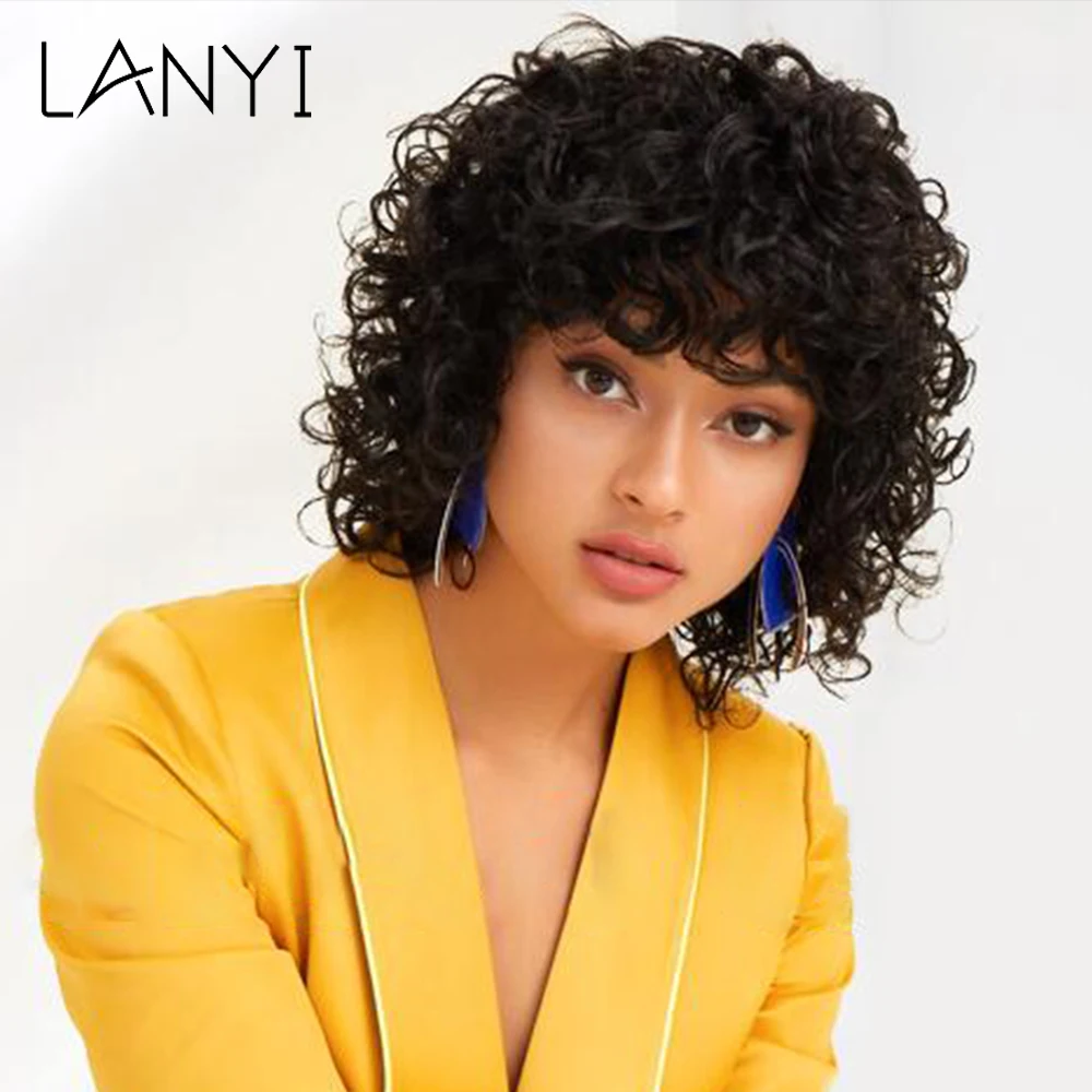 

Short Synthetic Black Curly Wigs For Women Afro Body Wave Wig With Bangs Hair High Temperature Resistance For Cosplay Or Daily