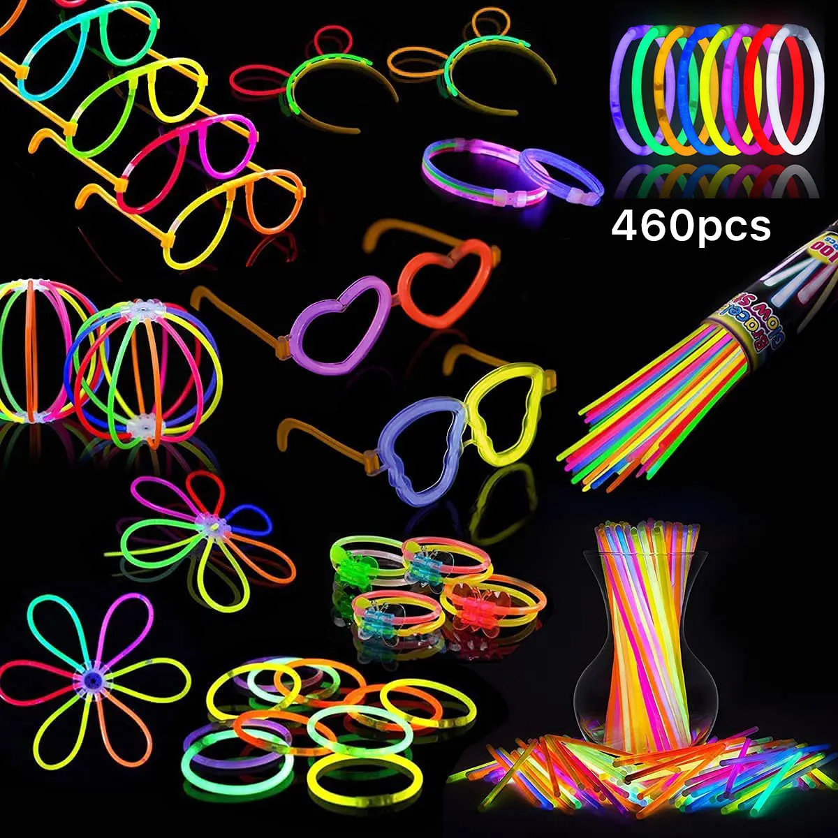 

NewGlow Sticks Party Pack 460pcs Glow in The Dark Party Favors with Connectors for Glow Necklace Flower Balls Luminous Glasses