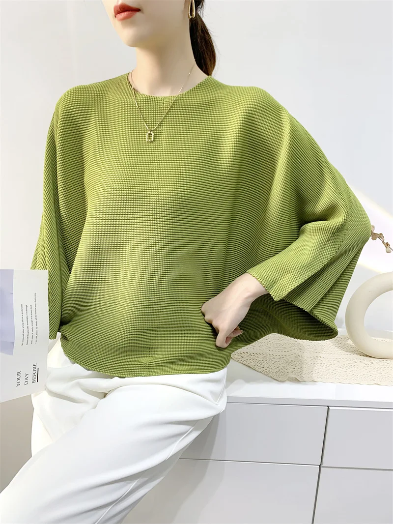 Women's bat sleeve T-shirt Miyak Pleated Fashion loose plus size solid color seven-quarter sleeve top