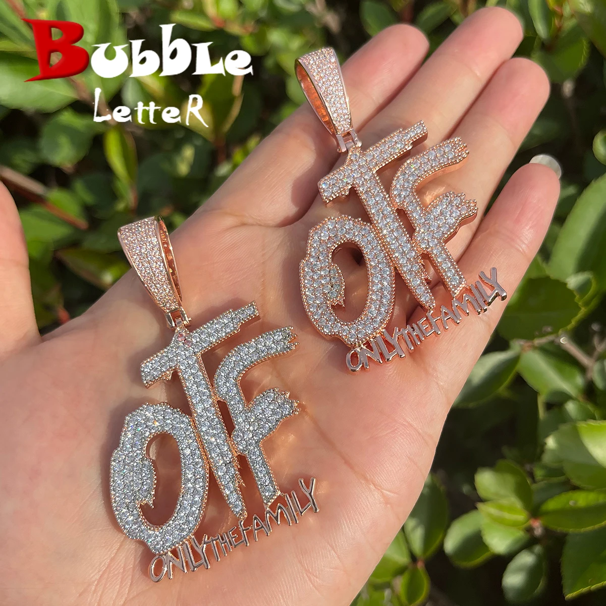 

Bubble Letter Iced Out Pendant Only The Family Necklace for Men Prong Setting Cubic Zirconia Hip Hop Jewelry