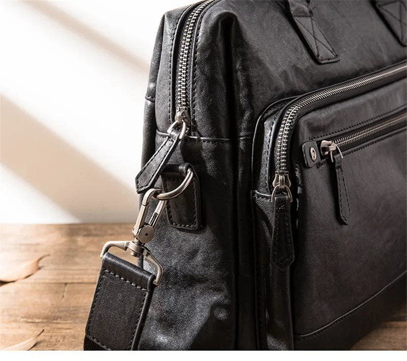 Retro fashion designer natural genuine leather men's black portable business briefcase office laptop ladies messenger bag