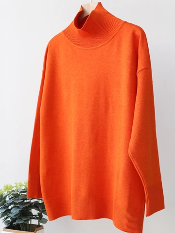 2023 осенне-зимний женский вязаный свитер с длинным рукавом, винтажный Свободный джемпер с высоким воротом, женские элегантные пуловеры большого размера, оранжевые Топы