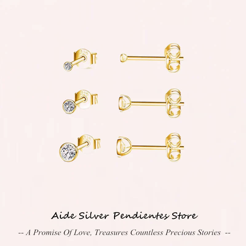 

AIDE 3pcs Round Zircon Gold Earrings For Women Real 925 Sterling Silver Mini Diamond Earrings Fashion Jewelry Pendientes Plata