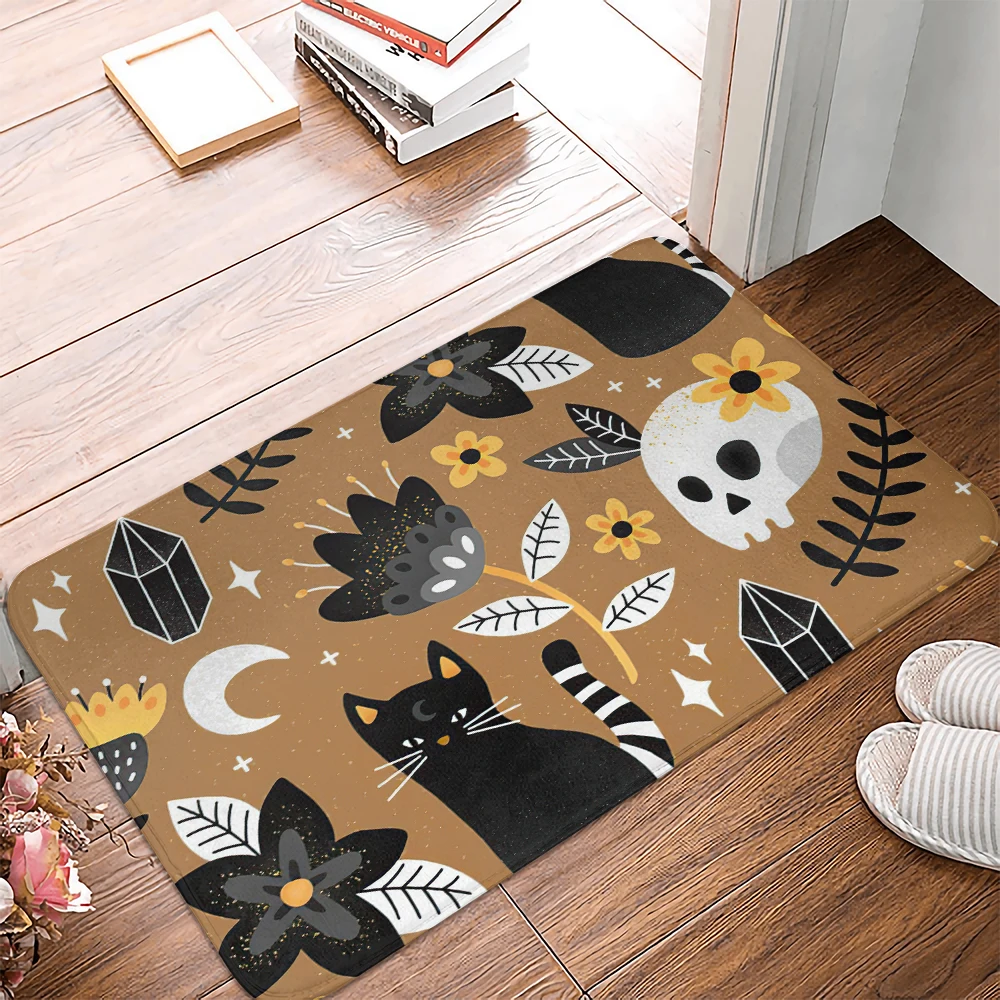 

Черная кошка и белый коврик с принтом черепа, кухонный ковер, коврик для входной двери, коврик для ванной, ковер для спальни, домашний декор