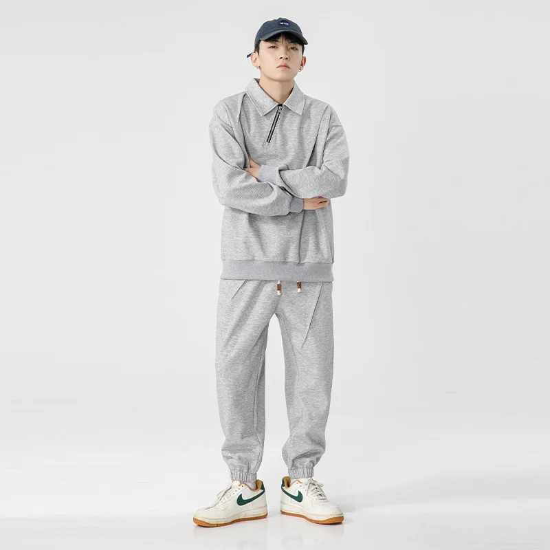 Spring and autumn new men's high-quality casual sports suit, men's fashion tide gang handsome with lapel oblique zipper 2-piece