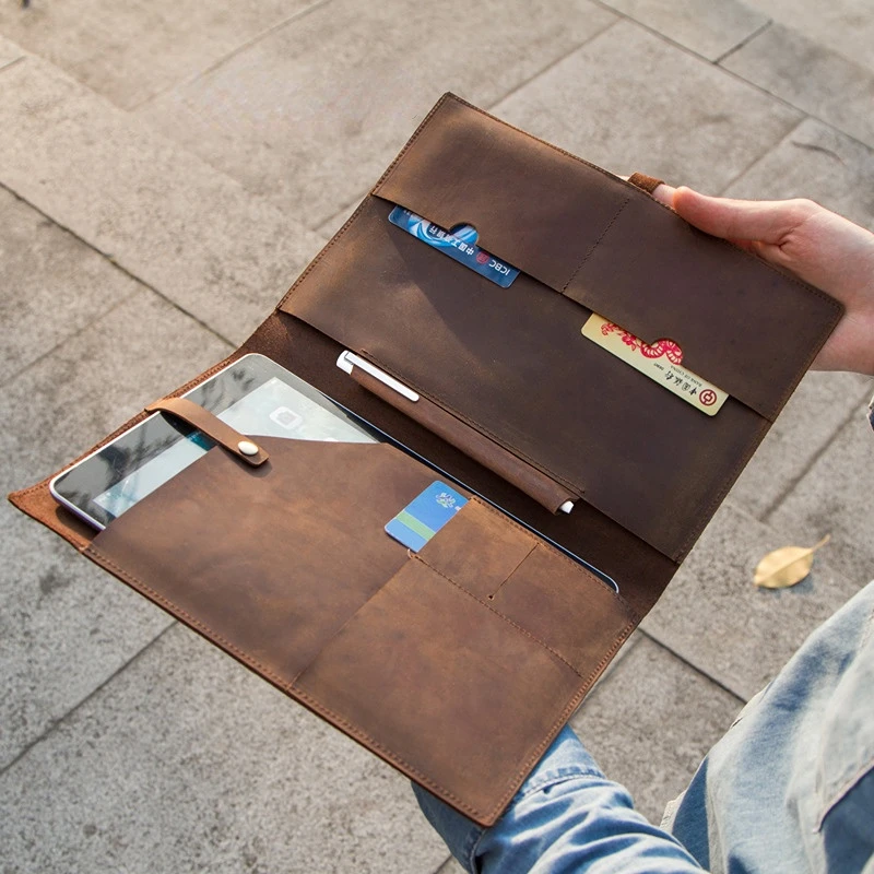 Retro Men's Clutch Bag Genuine Cow Leather Padfolio Case Cover Business Hasp Passport Cases Card Organizer Laser Engraving