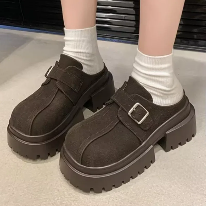 Зимние современные тапочки из коровьей замши на высоком каблуке женская обувь