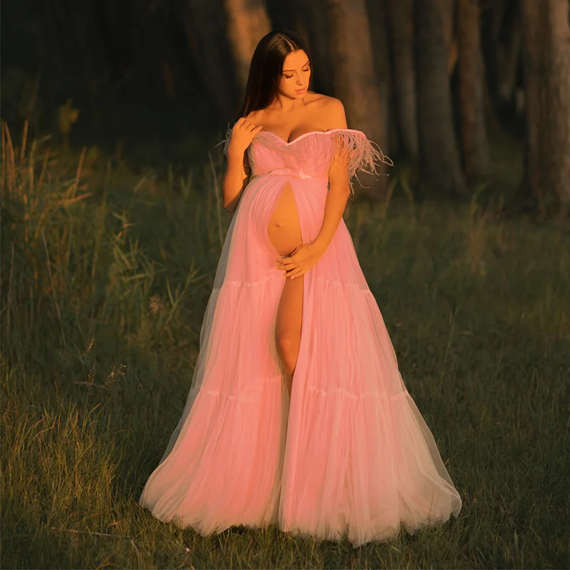 

Pink Feather Maternity Gowns for Photography Off the Shoulder Front Split Women Prom Dress Party Outfit Maxi Gown Pregnancy