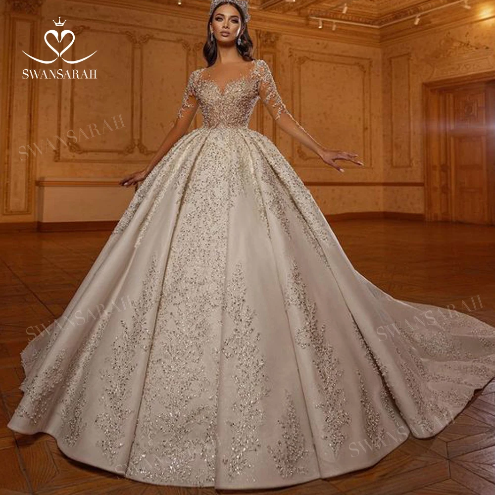 

Long Sleeve Wedding Dress 2024 Sweetheart Beaded Ball Gown Court Train Bride Princess SwanSarah SM109 Plus Size Vestido De Novia