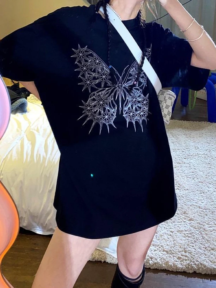 

HOUZHOU Gothic Harajuku Black T-shirts Women Oversize Y2K Emo Dark Academia Loose Print T Shirts Female Casual Mall Goth Tops