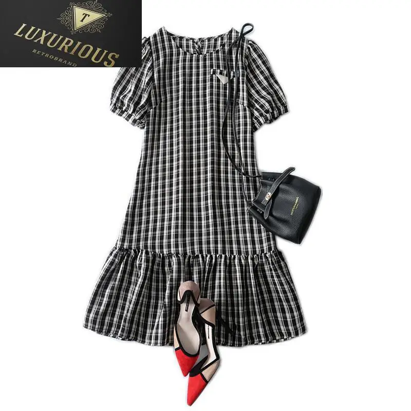 

Summer Clothes For Women 2024 New Loose Style Black And White Plaid O Neck Short Sleeve Korean Chiffon Women's Dresses