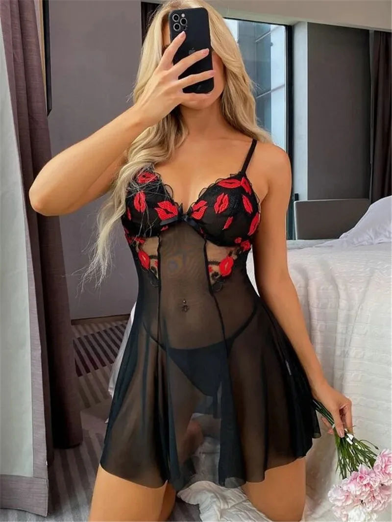 

Lingerie For Women Lace Chemise Negligees Sexy Red Lip Print Exotic Nightgowns Suspender Nighties Sheer Mesh Nightwear