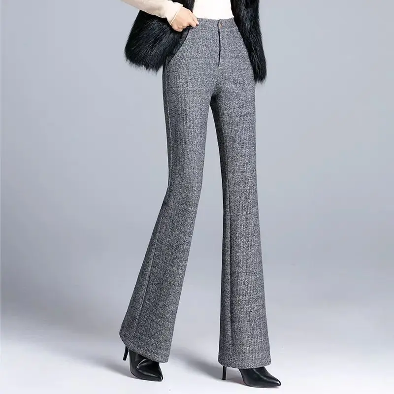 

Утолщенные корейские Женские однотонные расклешенные повседневные шерстяные брюки с высокой талией, новые офисные модные костюмы с широкими штанинами, женские осенне-зимние облегающие брюки