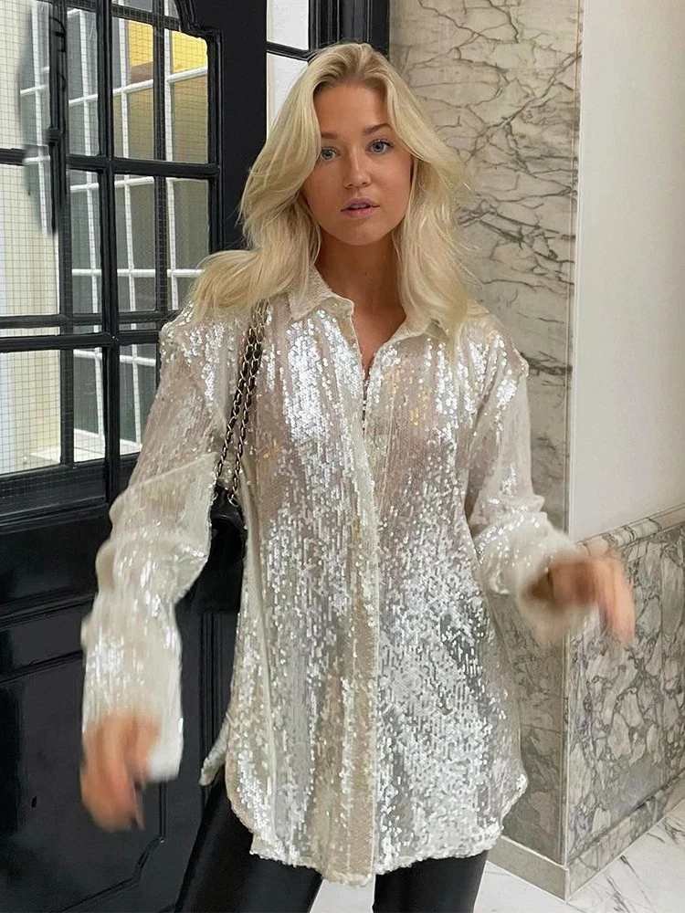 

Women's Y2K Sequin Button Down Shirt Blouses Long Sleeeve Sparkle Glitter Top Jacket Party Clubwear Streetwear V-Neck Cardigan