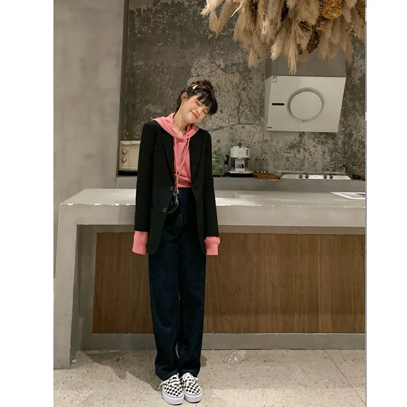 Korean Suit Jacket Women Spring and Fall 2021 Loose Fashion Casual Suit Female Long Sleeve Solid Color Coat Harajuku Manteau New