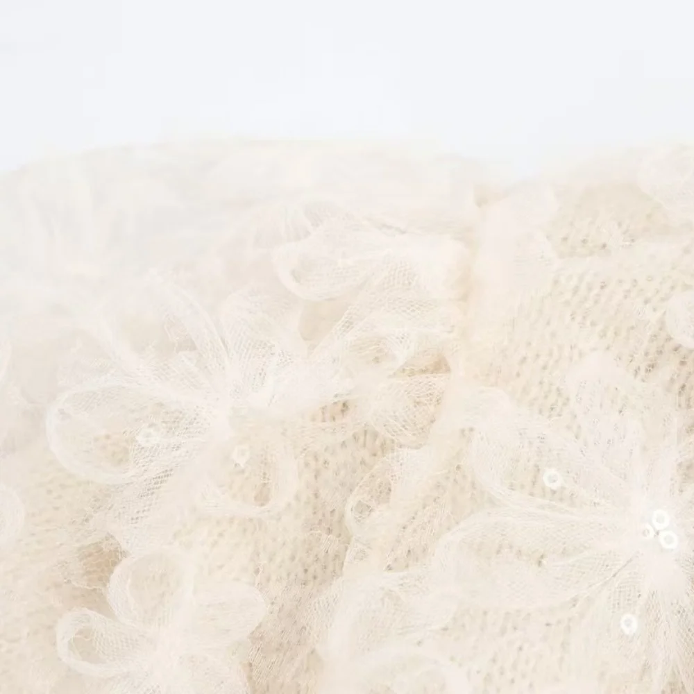 Женский милый вязаный кардиган с кружевом и бисером лацканами цветами короткими