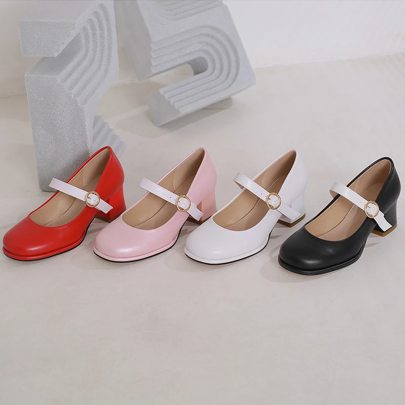 Women PU Leather Classic Mary Janes  Shoes Chuncky Heel  Round Buckle Retro Handmade Pumps Red Pink Black White Plus Size 48