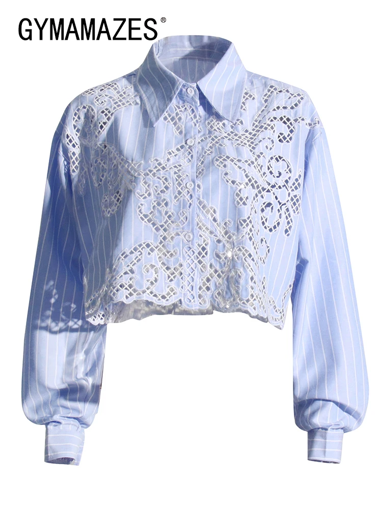 

GYMAMAZES Spliced Lace Irregular Hem Chic Blouses For Women Lapel Long Sleeve Single Breasted Casual Shirts Female Fashion New