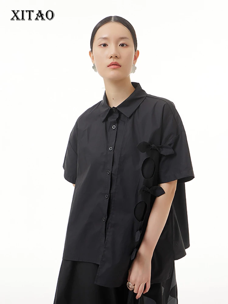 

XITAO, однотонная черная Повседневная рубашка, свободная, модная, с вырезом, с бантом, комбинированные, нерегулярные блузки, новинка 2022, Женска...