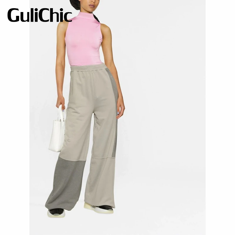 

11.5 GuliChic Women Comfortable Contrast Color Patchwork Digital Embroidery Cotton High Waist Wide Leg Pants Sportpants