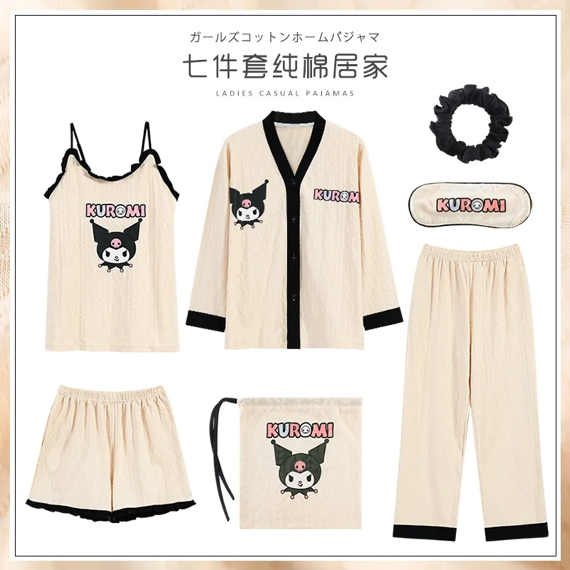 

Sanrio Pajamas 7 Piece Set Pochacco Kuromi Sleepwear Female Kawaii Thin Style Sling Women'S Home Clothes Shorts Anime Cartoon