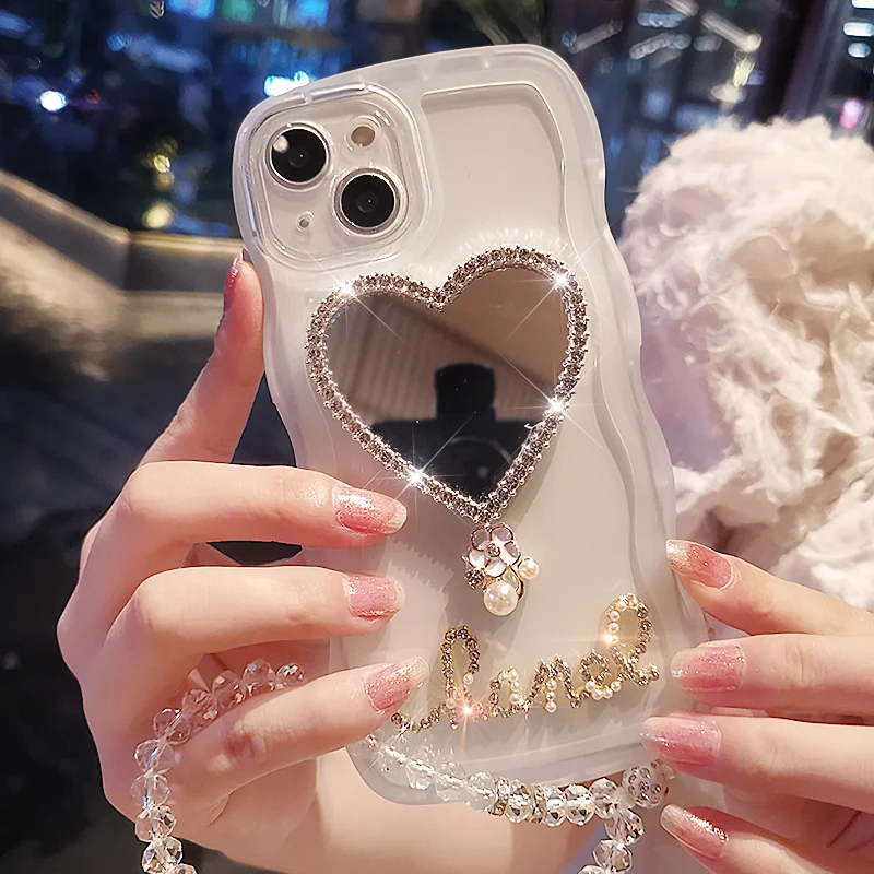 

Rhinestone Love Makeup Mirror Bracelet Protective Cover for IPhone 11 12 13 Pro Max Mobile Phone Case for IPhone 13 12 11 Case