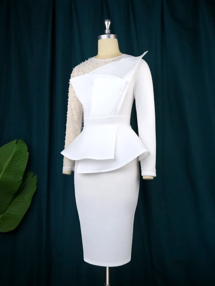 Plus Size White Party Midi Dress Sexy Long Sleeve O Neck Beading Mesh Robes Patchwork Peplum Elegant Event Evening Birthday 2023