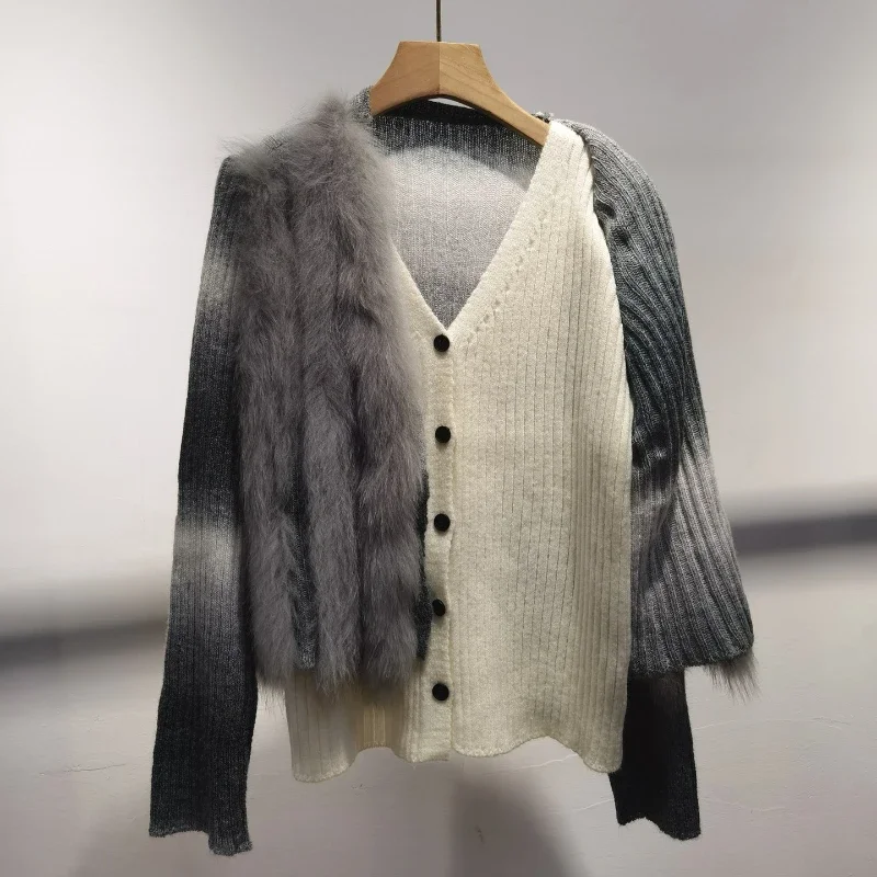 Женский вязаный кардиган из натурального Лисьего меха демисезонный оверсайз с