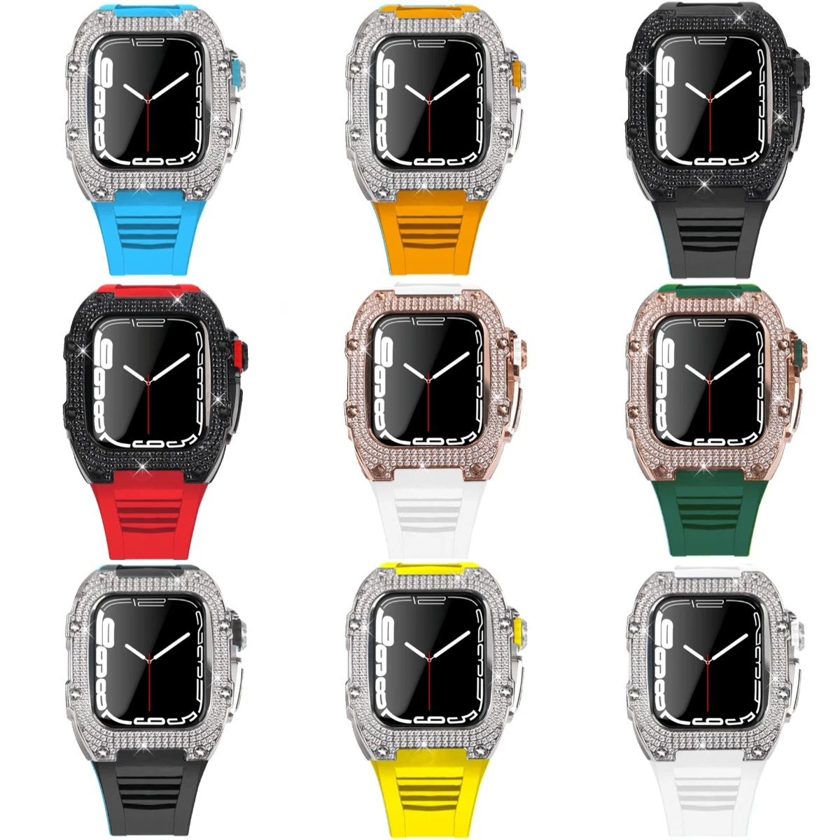 Stainless Steel Case for Apple Watch 7 45mm 44mm Fluororubber Strap Luxury Diamond Bezel Modification Kit for IWatch 6 5 4 SE