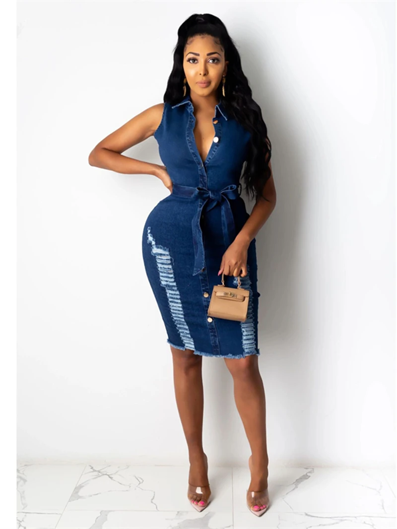 

Streetwear Ripped Jean Dress Women Summer Clothes Sleeveless With Belt Bodycon Midi Dresses Vintage Fashion Denim Dress Vestidos