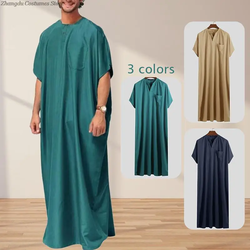 Men Vintage Short Sleeve Loose Muslim Kaftan Robes Jubba Thobe Men Saudi Arabia Abaya Dress Middle East Arabic Clothes