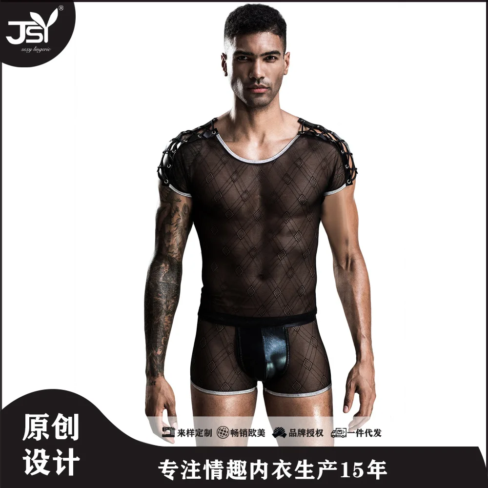 

JSY черный прозрачный узкий Стандартный Европейский Американский мужской ночной клуб сексуальная форма для бара Косплей