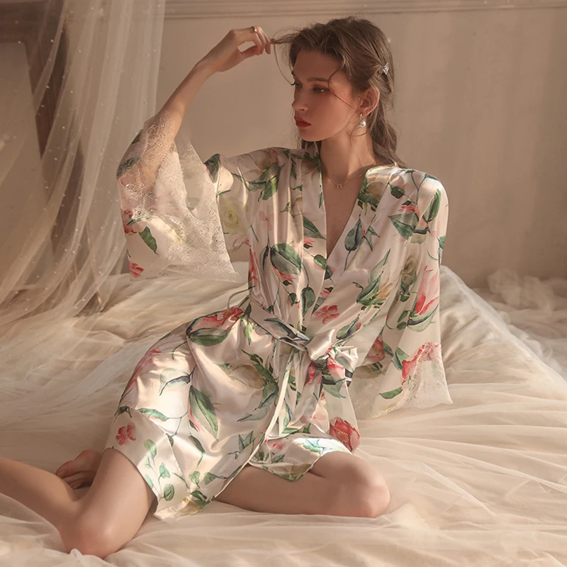 2023 Autumn Lingerie for Women Sexy Lace Perspective Temptation Pajamas Printed Lace-Up Robe Women's Homewear Set Sleepwear