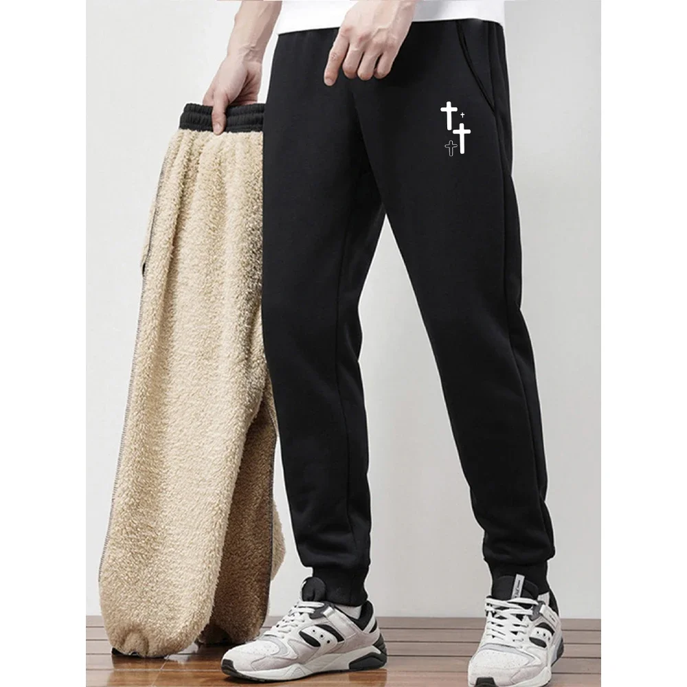 Брюки с перекрестным узором и принтом мужские зимние теплые брюки из овечьей