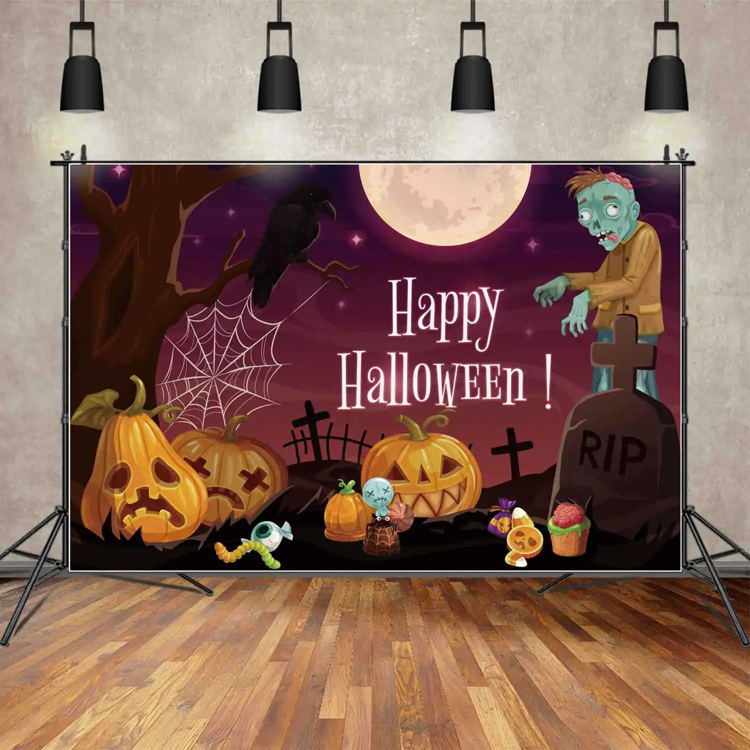 

MOON.QG Backdrop Happy Halloween Banner Party Decoration Background Baby Spider Web Jack O Lantern Tombstone Crow Photo Booth