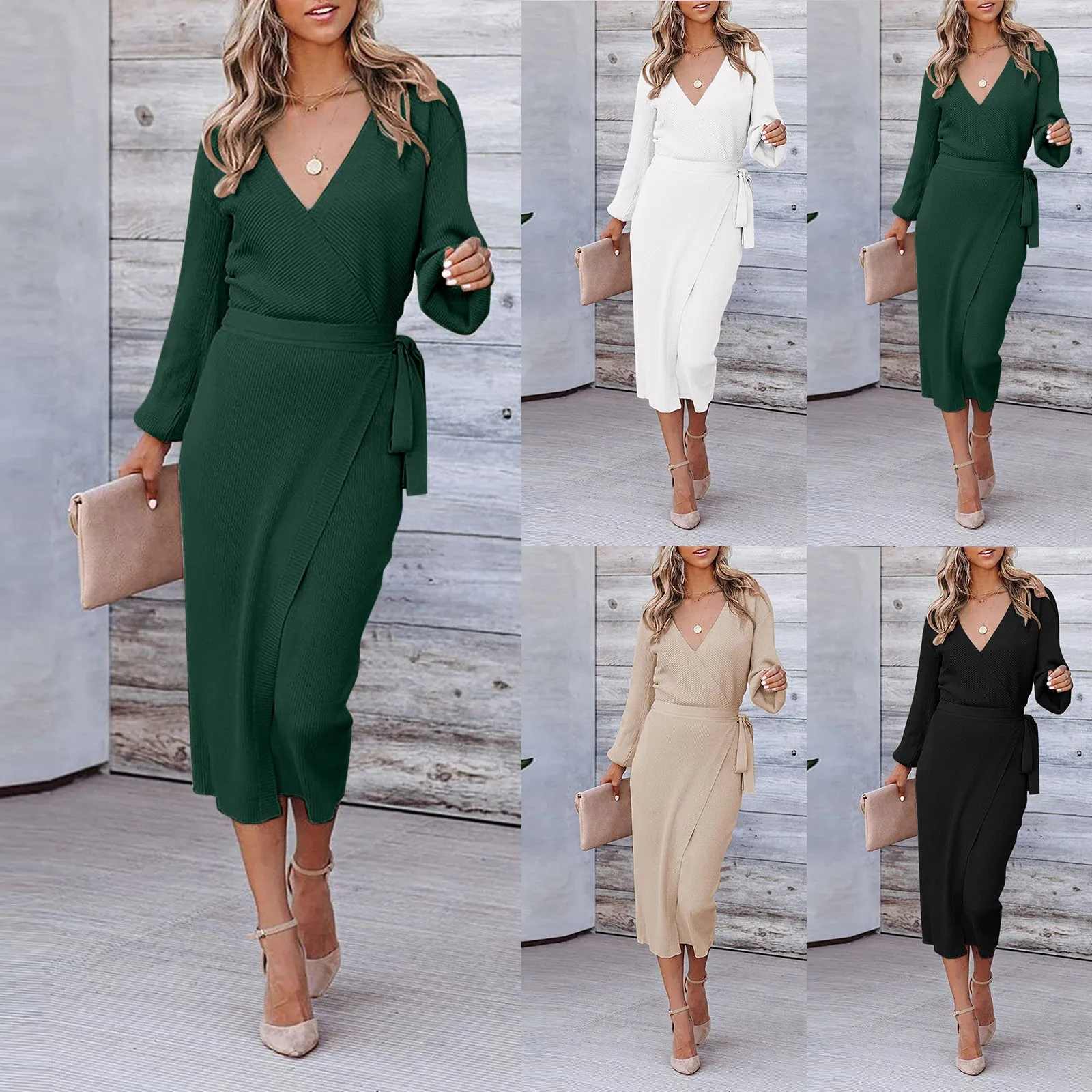 

Woman Dresses Elegant Casual Women Wrap V Neck Long Sleeve Sweater Dress Tie Waist Bodycon Knit Midi Sleeveless Stripe Dress