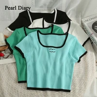 pearl diary summer assorted colors low neck exposed clavicle t shirt fashion cute thin crop top short all match knitting top wo