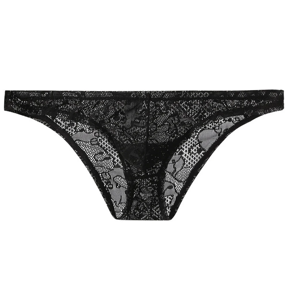 

Men Lace Seamless Briefs Floral Embroidery Soft Underwear Breathable Hip Lift Thong Transparent Sissy Panties Low Rise G-String