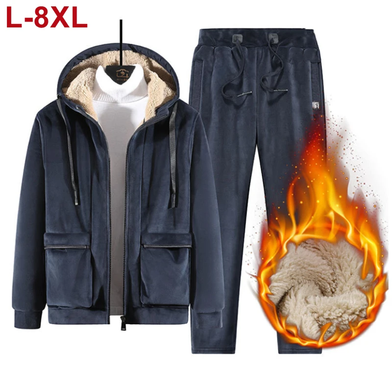 Plus Size 8xl 7xl Warm Sport Suit Men 2 Pieces Set Winter Sportsuit Thermal Jacket Sets Fleece Tracksuit Windproof Sportswear