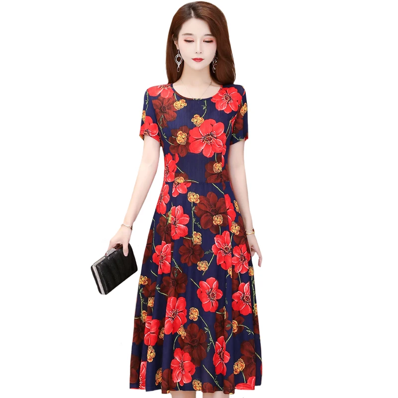 

2022 New Summer Boho Vintage Dress Women Short Sleeve Flora Print O Neck Slim High Waist Long Dresses For Women Summer Clothes