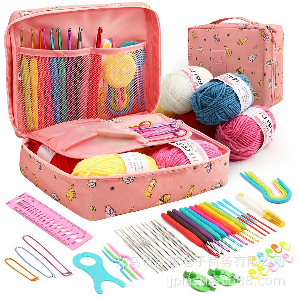 

59 Pcs Include 5 Skeins Yarn,Hooks,Needles,Storage Bag Crochet Kit with Knitting Accessories Set for Beginners Gift Freeshipping