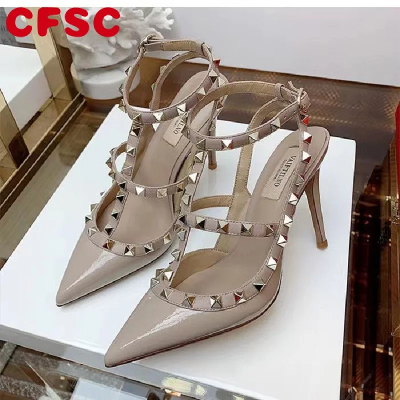 

2022 летние брендовые кожаные женские сандалии, Классические привлекательные Роскошные туфли-лодочки на высоком каблуке с заклепками, сваде...