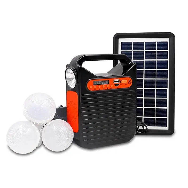 

Solar LED Light Outdoor Power Bank Solar Generator with 3 LED Bulb DC/Solar Rechargable bluetooth FM Radio Emergency Light